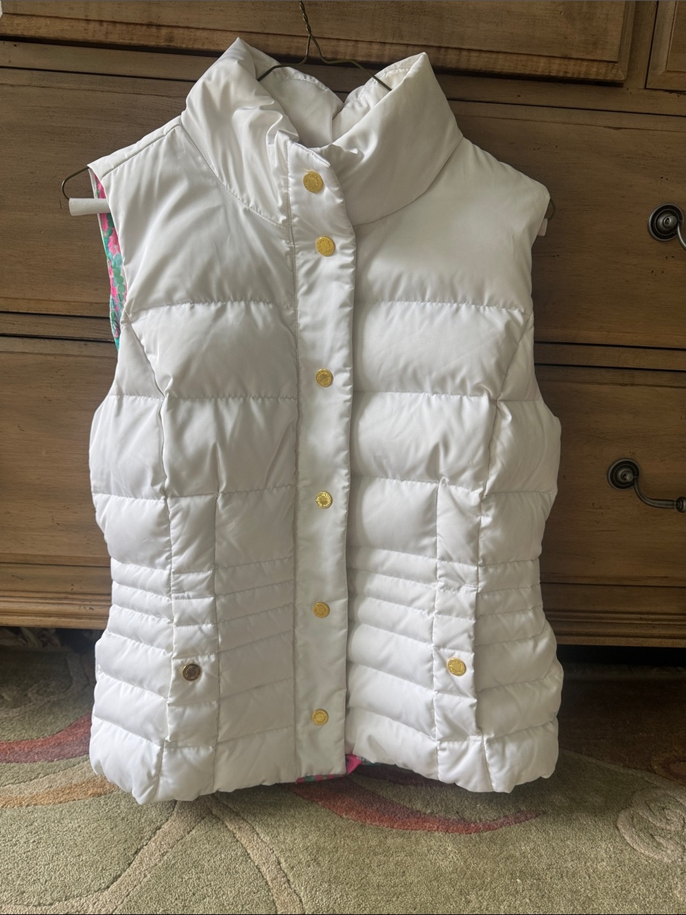 Lilly Pulitzer White Quilted Puffer Vest with Gold Buttons
